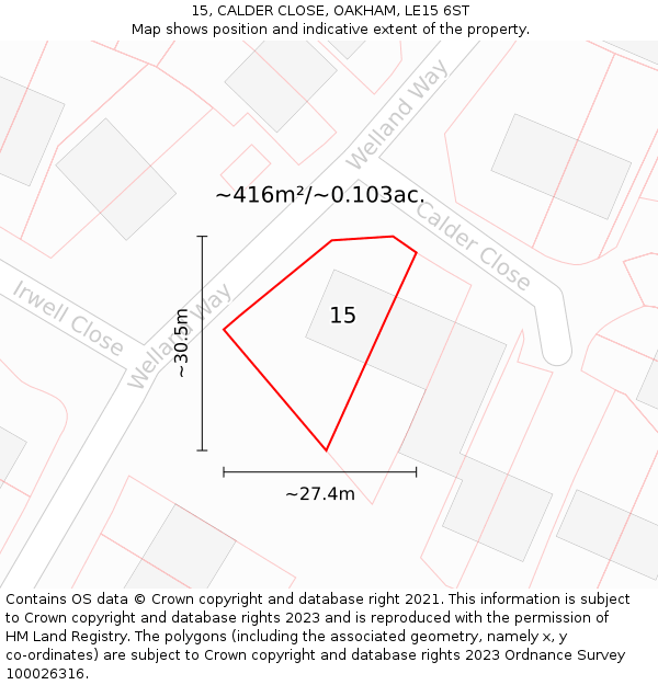 15, CALDER CLOSE, OAKHAM, LE15 6ST: Plot and title map