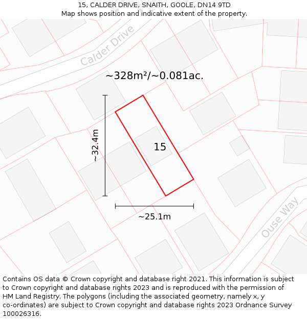 15, CALDER DRIVE, SNAITH, GOOLE, DN14 9TD: Plot and title map