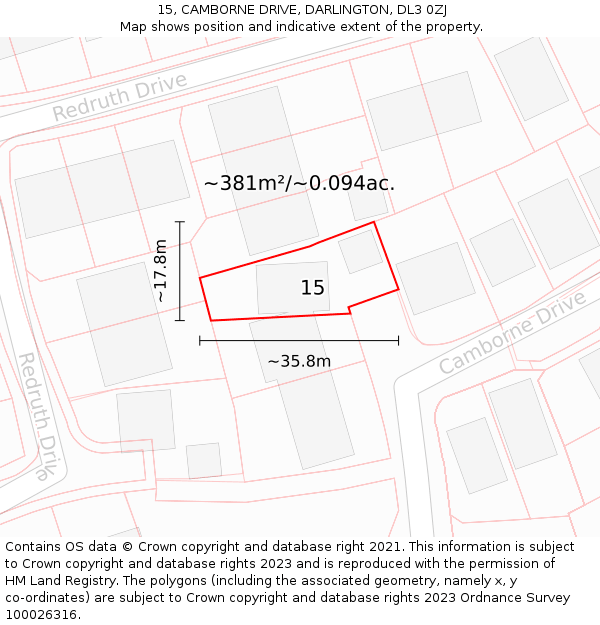 15, CAMBORNE DRIVE, DARLINGTON, DL3 0ZJ: Plot and title map