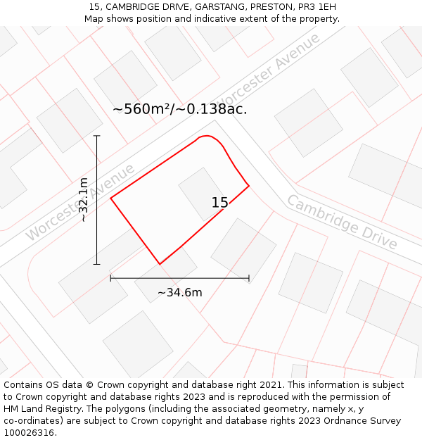 15, CAMBRIDGE DRIVE, GARSTANG, PRESTON, PR3 1EH: Plot and title map