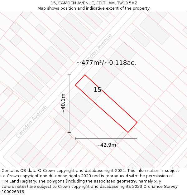 15, CAMDEN AVENUE, FELTHAM, TW13 5AZ: Plot and title map