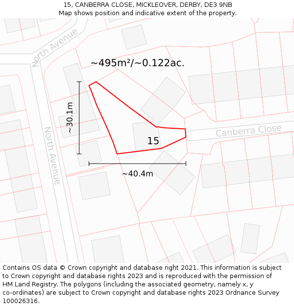 15, CANBERRA CLOSE, MICKLEOVER, DERBY, DE3 9NB: Plot and title map