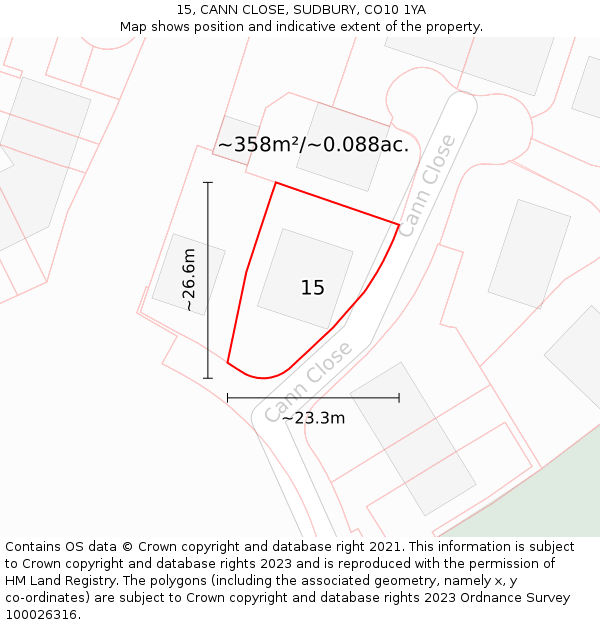 15, CANN CLOSE, SUDBURY, CO10 1YA: Plot and title map