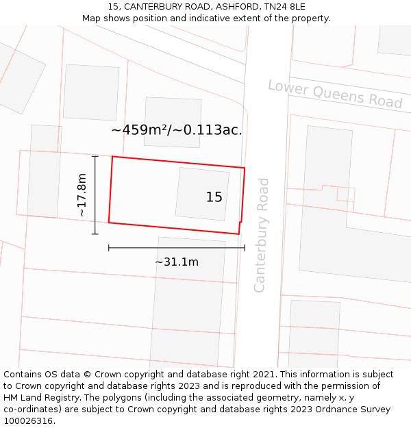 15, CANTERBURY ROAD, ASHFORD, TN24 8LE: Plot and title map