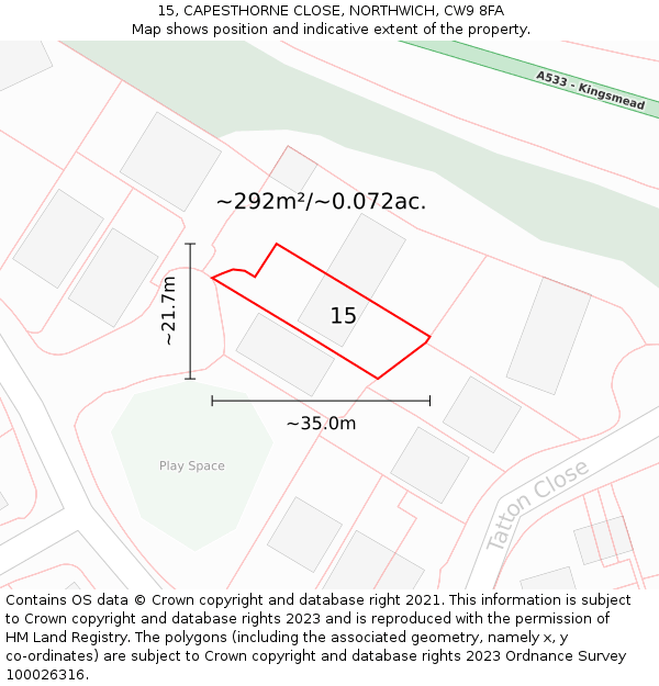 15, CAPESTHORNE CLOSE, NORTHWICH, CW9 8FA: Plot and title map