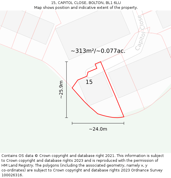 15, CAPITOL CLOSE, BOLTON, BL1 6LU: Plot and title map