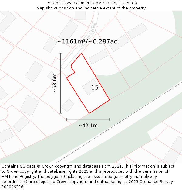 15, CARLINWARK DRIVE, CAMBERLEY, GU15 3TX: Plot and title map