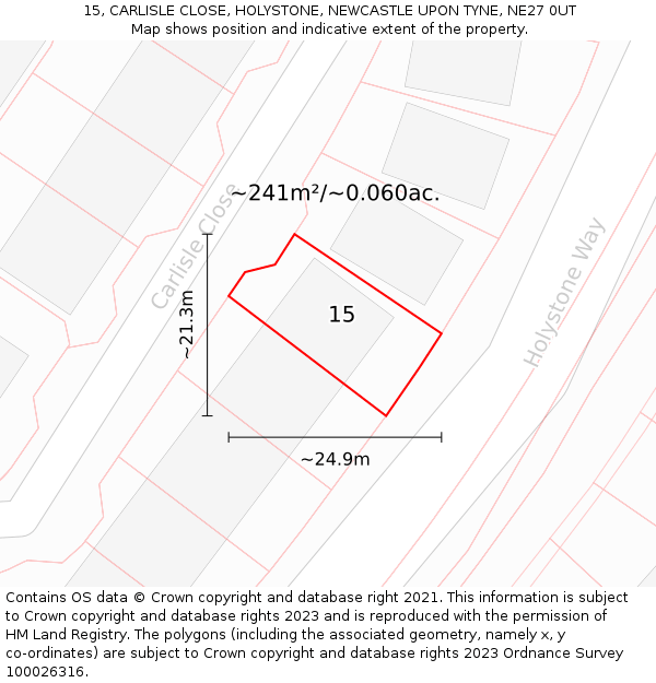 15, CARLISLE CLOSE, HOLYSTONE, NEWCASTLE UPON TYNE, NE27 0UT: Plot and title map