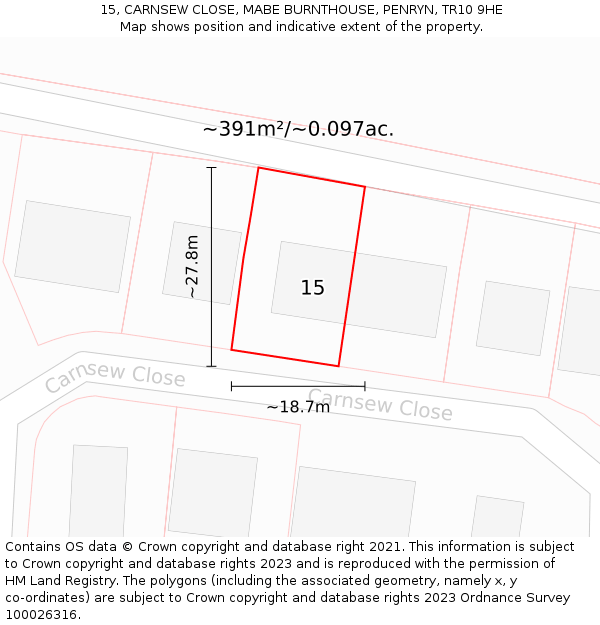 15, CARNSEW CLOSE, MABE BURNTHOUSE, PENRYN, TR10 9HE: Plot and title map