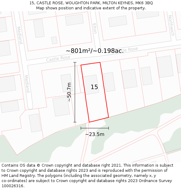 15, CASTLE ROSE, WOUGHTON PARK, MILTON KEYNES, MK6 3BQ: Plot and title map