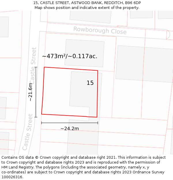 15, CASTLE STREET, ASTWOOD BANK, REDDITCH, B96 6DP: Plot and title map