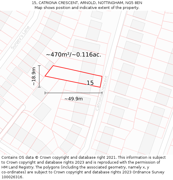 15, CATRIONA CRESCENT, ARNOLD, NOTTINGHAM, NG5 8EN: Plot and title map