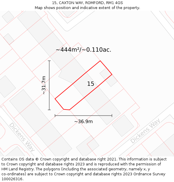 15, CAXTON WAY, ROMFORD, RM1 4GS: Plot and title map