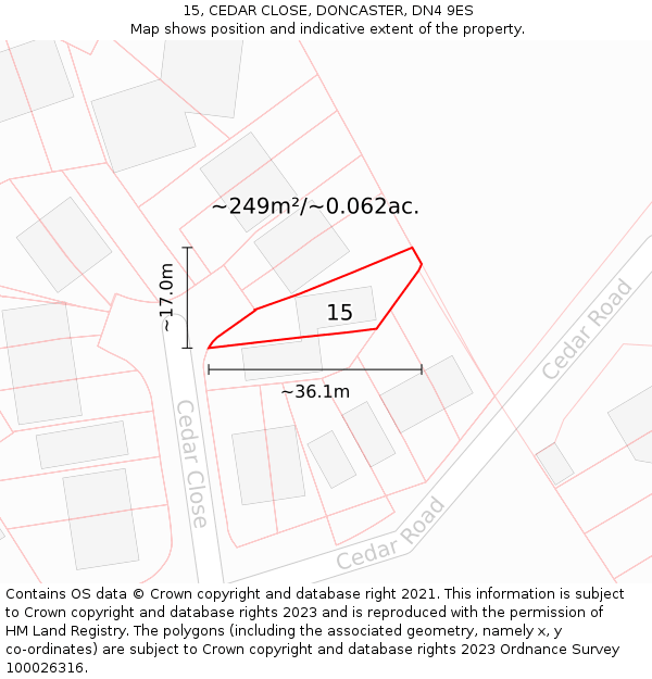 15, CEDAR CLOSE, DONCASTER, DN4 9ES: Plot and title map