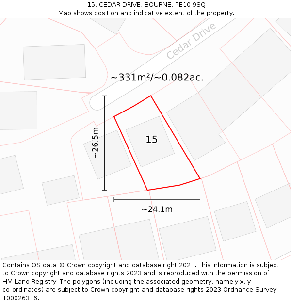 15, CEDAR DRIVE, BOURNE, PE10 9SQ: Plot and title map