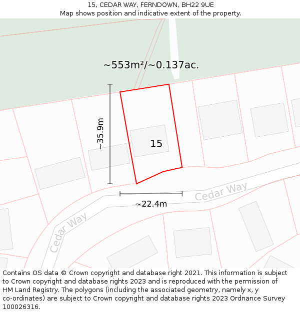 15, CEDAR WAY, FERNDOWN, BH22 9UE: Plot and title map