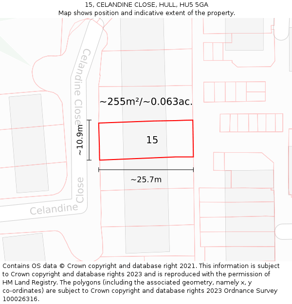 15, CELANDINE CLOSE, HULL, HU5 5GA: Plot and title map