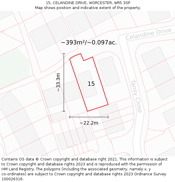 15, CELANDINE DRIVE, WORCESTER, WR5 3SP: Plot and title map