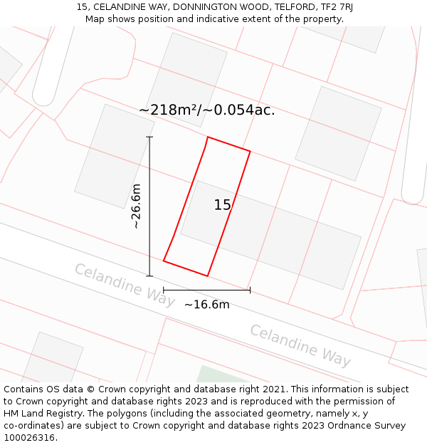 15, CELANDINE WAY, DONNINGTON WOOD, TELFORD, TF2 7RJ: Plot and title map