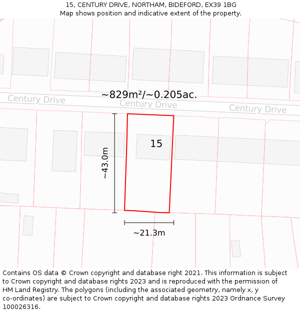 15, CENTURY DRIVE, NORTHAM, BIDEFORD, EX39 1BG: Plot and title map
