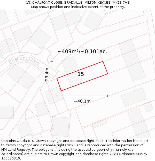 15, CHALFONT CLOSE, BRADVILLE, MILTON KEYNES, MK13 7HS: Plot and title map