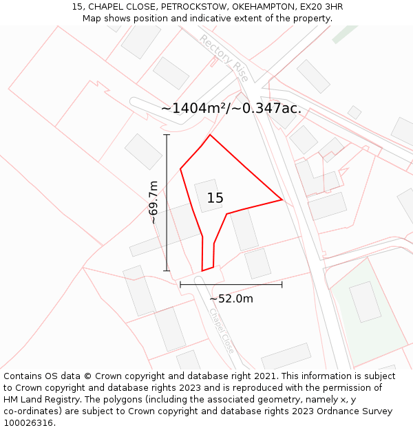 15, CHAPEL CLOSE, PETROCKSTOW, OKEHAMPTON, EX20 3HR: Plot and title map