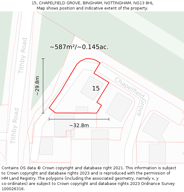 15, CHAPELFIELD GROVE, BINGHAM, NOTTINGHAM, NG13 8HL: Plot and title map