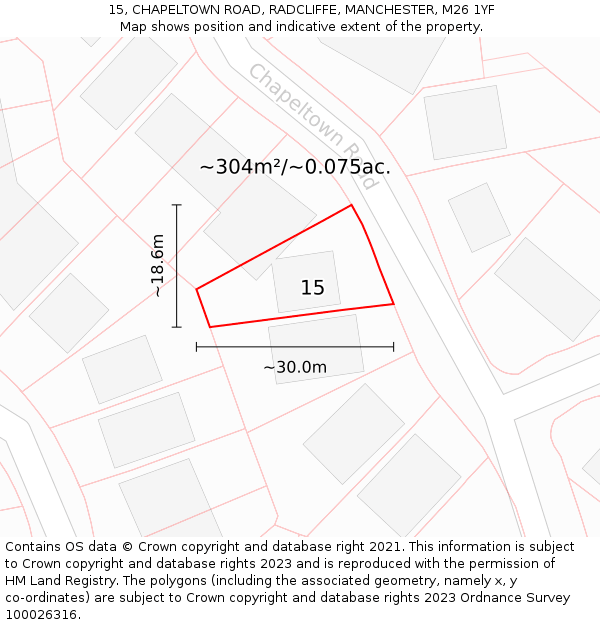 15, CHAPELTOWN ROAD, RADCLIFFE, MANCHESTER, M26 1YF: Plot and title map