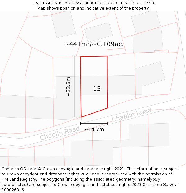 15, CHAPLIN ROAD, EAST BERGHOLT, COLCHESTER, CO7 6SR: Plot and title map