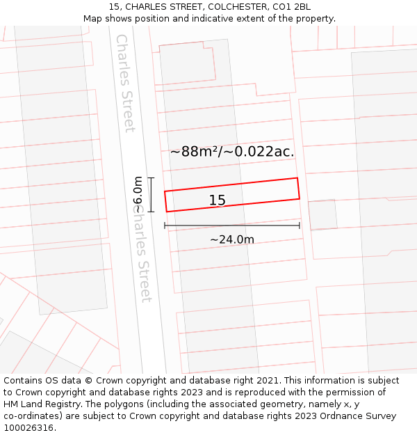 15, CHARLES STREET, COLCHESTER, CO1 2BL: Plot and title map