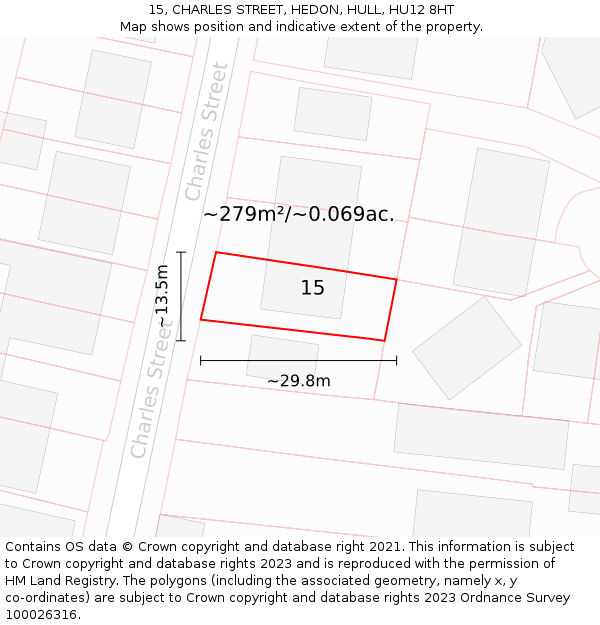 15, CHARLES STREET, HEDON, HULL, HU12 8HT: Plot and title map