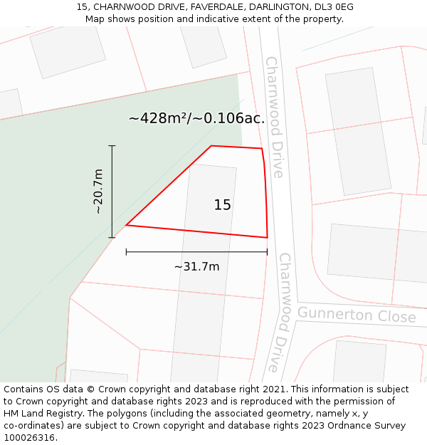 15, CHARNWOOD DRIVE, FAVERDALE, DARLINGTON, DL3 0EG: Plot and title map