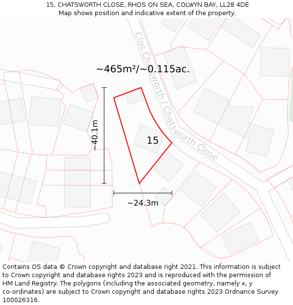 15, CHATSWORTH CLOSE, RHOS ON SEA, COLWYN BAY, LL28 4DE: Plot and title map