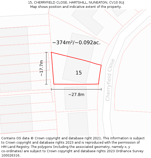 15, CHERRYFIELD CLOSE, HARTSHILL, NUNEATON, CV10 0UJ: Plot and title map