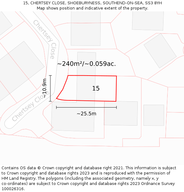 15, CHERTSEY CLOSE, SHOEBURYNESS, SOUTHEND-ON-SEA, SS3 8YH: Plot and title map