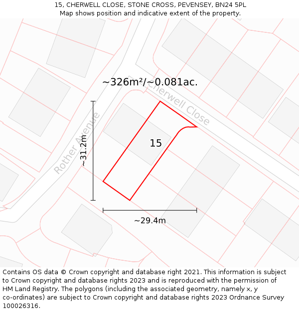 15, CHERWELL CLOSE, STONE CROSS, PEVENSEY, BN24 5PL: Plot and title map