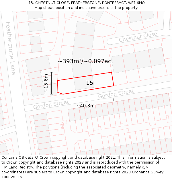 15, CHESTNUT CLOSE, FEATHERSTONE, PONTEFRACT, WF7 6NQ: Plot and title map