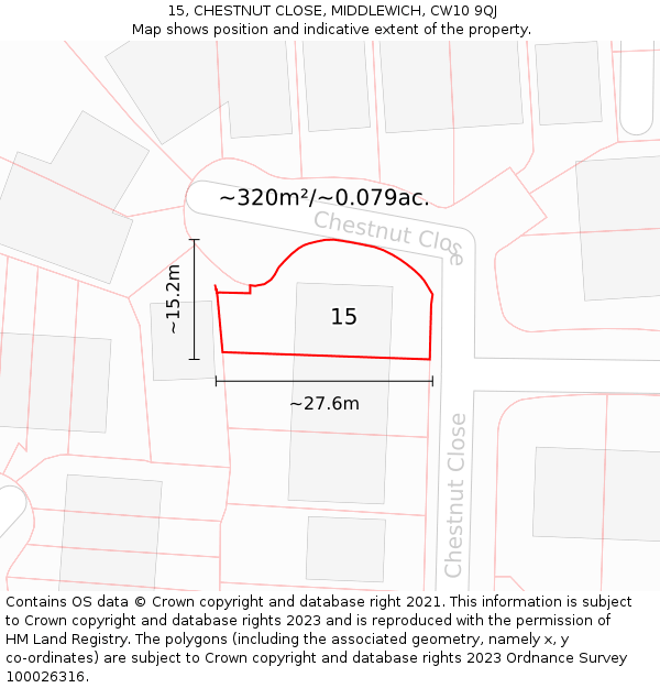 15, CHESTNUT CLOSE, MIDDLEWICH, CW10 9QJ: Plot and title map