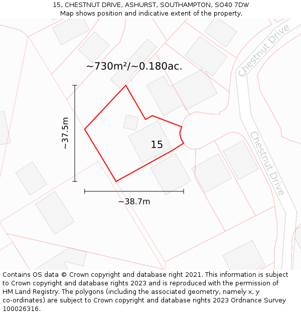 15, CHESTNUT DRIVE, ASHURST, SOUTHAMPTON, SO40 7DW: Plot and title map