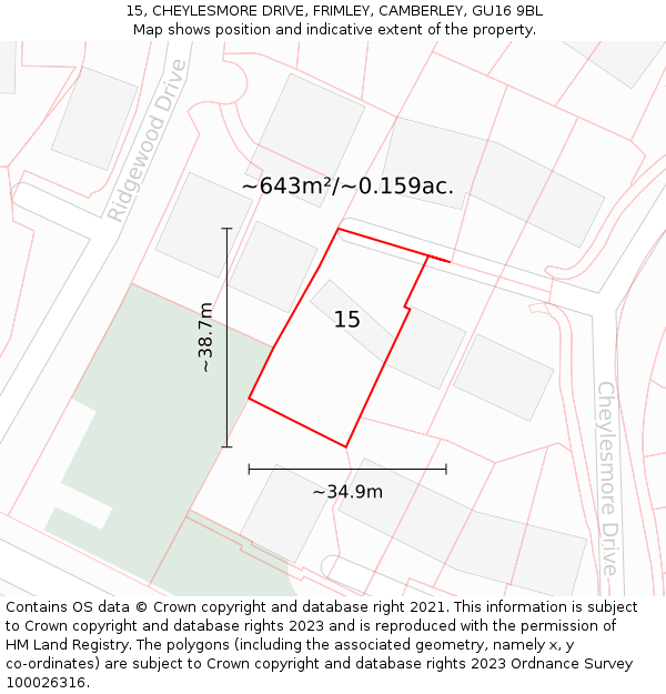 15, CHEYLESMORE DRIVE, FRIMLEY, CAMBERLEY, GU16 9BL: Plot and title map