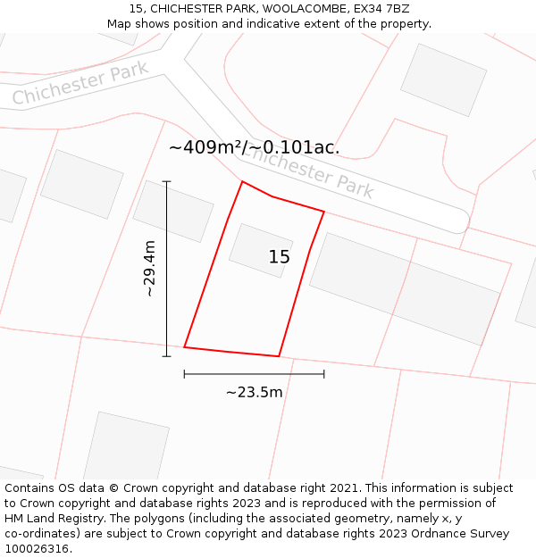 15, CHICHESTER PARK, WOOLACOMBE, EX34 7BZ: Plot and title map