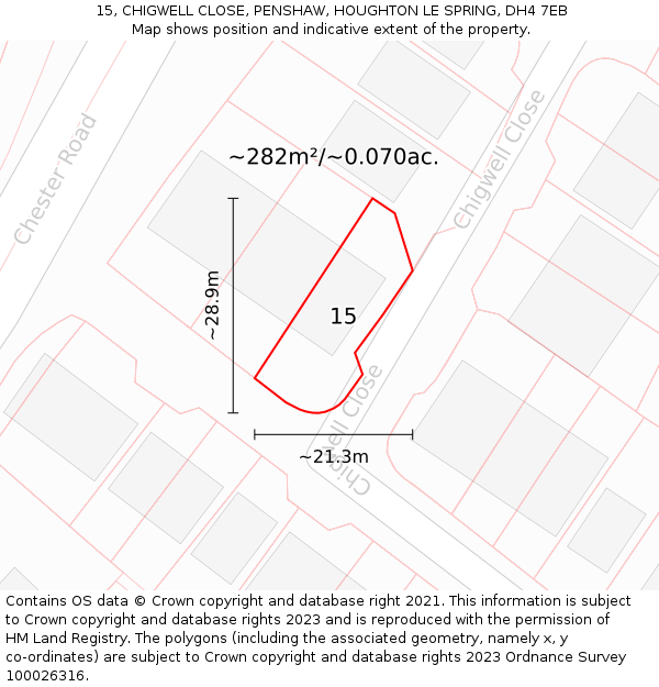 15, CHIGWELL CLOSE, PENSHAW, HOUGHTON LE SPRING, DH4 7EB: Plot and title map