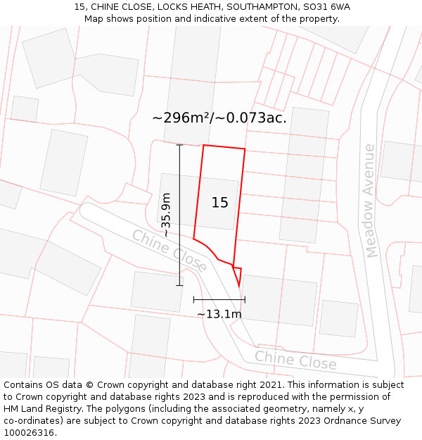 15, CHINE CLOSE, LOCKS HEATH, SOUTHAMPTON, SO31 6WA: Plot and title map