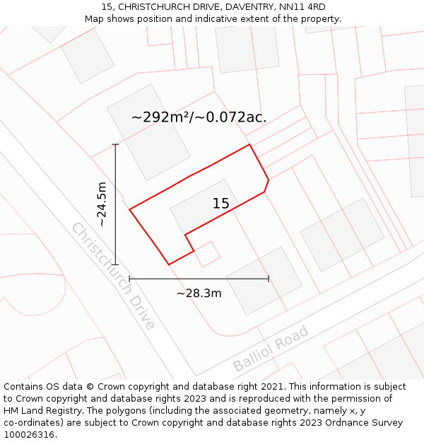 15, CHRISTCHURCH DRIVE, DAVENTRY, NN11 4RD: Plot and title map