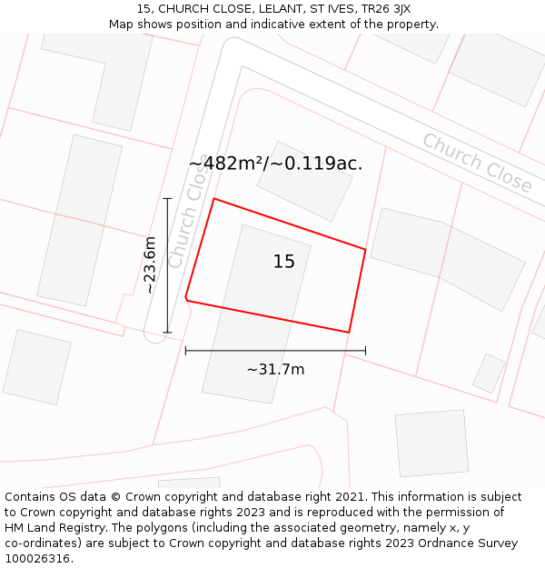 15, CHURCH CLOSE, LELANT, ST IVES, TR26 3JX: Plot and title map