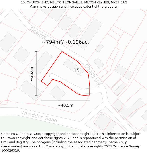 15, CHURCH END, NEWTON LONGVILLE, MILTON KEYNES, MK17 0AG: Plot and title map