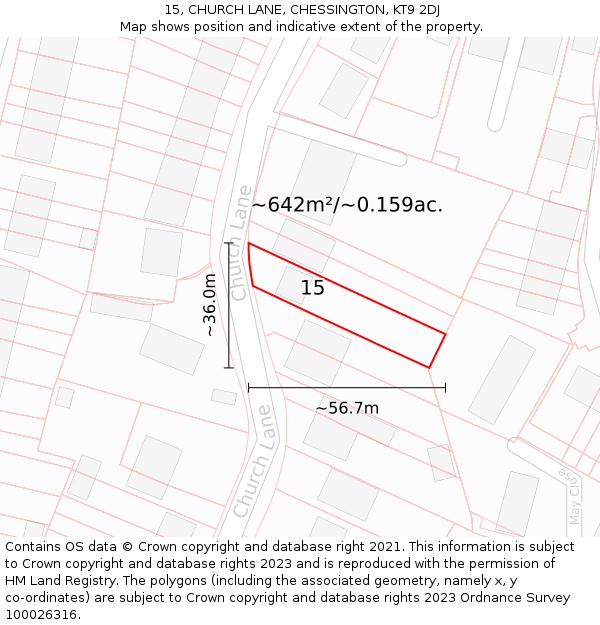 15, CHURCH LANE, CHESSINGTON, KT9 2DJ: Plot and title map