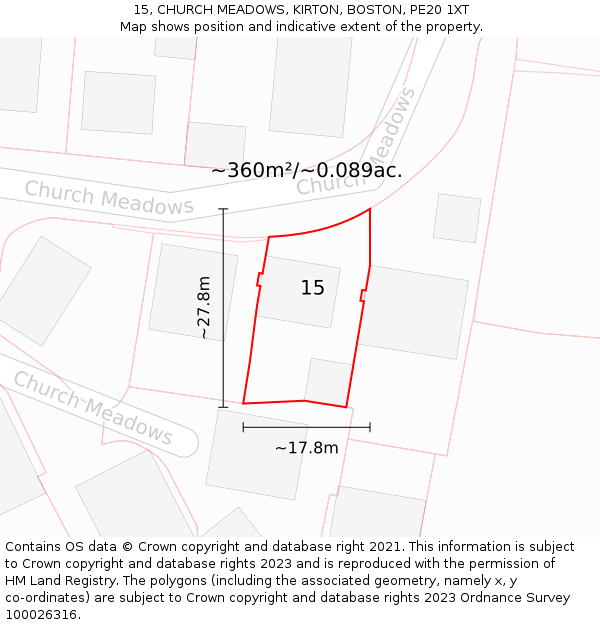 15, CHURCH MEADOWS, KIRTON, BOSTON, PE20 1XT: Plot and title map