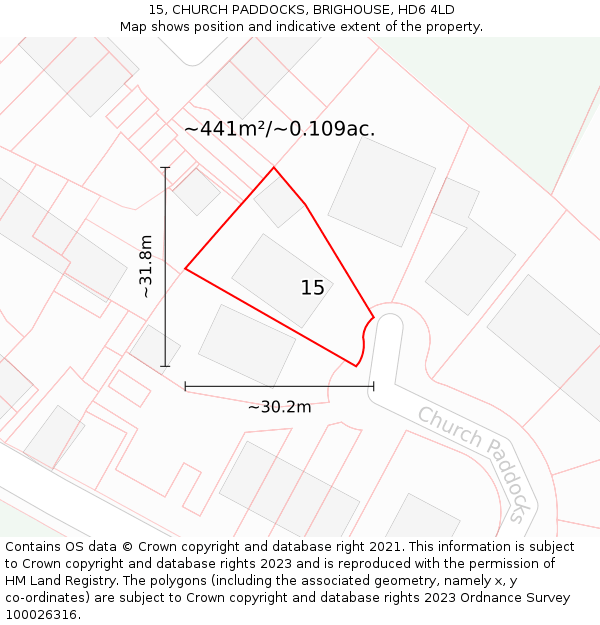 15, CHURCH PADDOCKS, BRIGHOUSE, HD6 4LD: Plot and title map