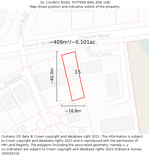 15, CHURCH ROAD, POTTERS BAR, EN6 1HB: Plot and title map